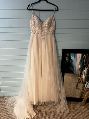 Spaghetti Strap Embroidered Tulle Wedding Gown in Ivory